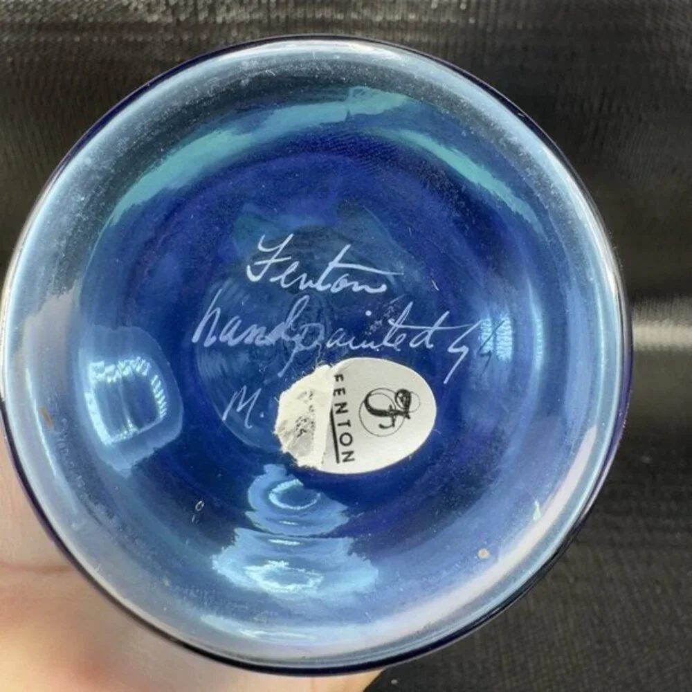 Vintage Fenton Art Glass Vase‎ Vessel Blue Hand Painted Flowers W Sticker Vase